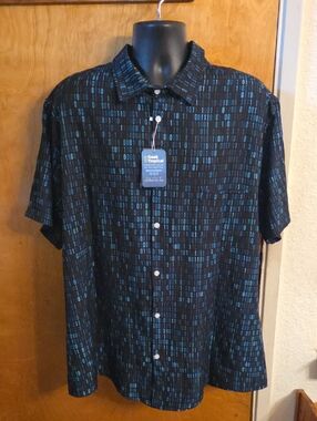 NWT Greek Tropical Binary Computer 1s and 0s Teal Black Button Up Shirt Size 2xL